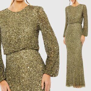 NEW Mac Duggal 10044 Size 12 Olive Green Embellished Long Sleeve Maxi Gown Dress
